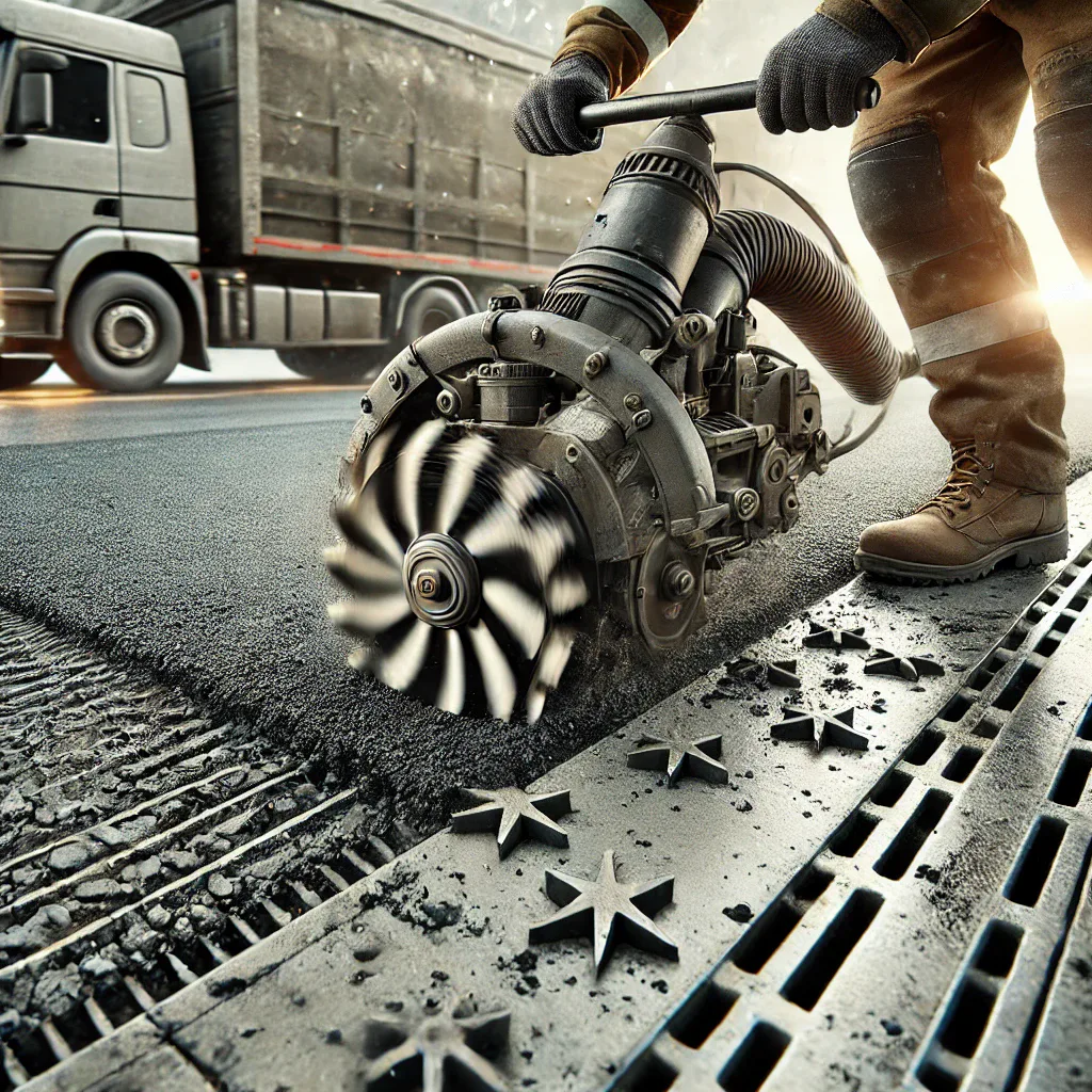 DALL·E 2024 09 16 13.26.02 A detailed image showing a scarification process on a concrete surface in an outdoor or industrial setting. The image features a worker operating a sc