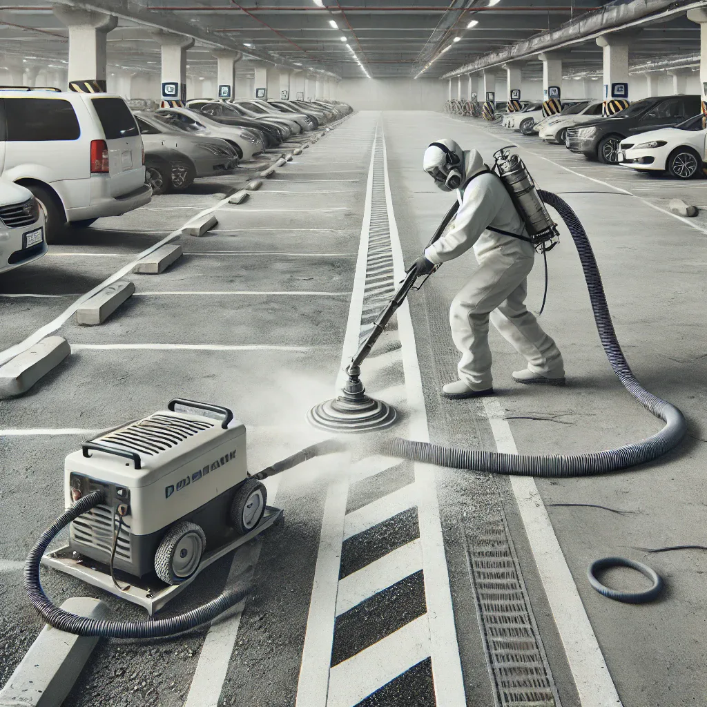 DALL·E 2024 09 13 12.36.35 A detailed image showing a vacuum blasting process in a car park setting. The image features a worker using a vacuum blasting machine on a flat concre