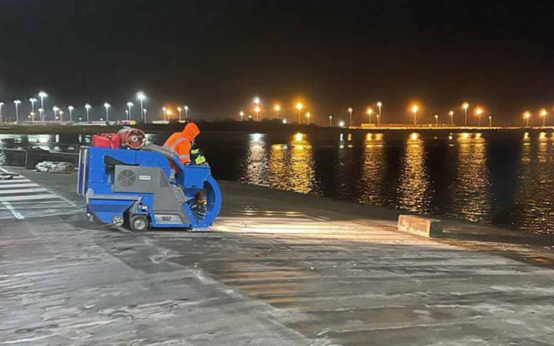 Hydro blasting concrete at night