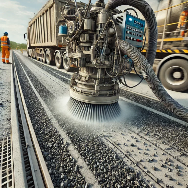 DALL·E 2024-09-06 13.50.51 - A realistic image showing a captured shot blasting machine being used on a concrete surface for line marking preparation