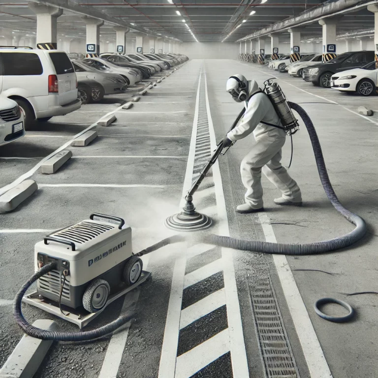 DALL·E 2024-09-13 12.36.35 - A detailed image showing a vacuum blasting process in a car park setting